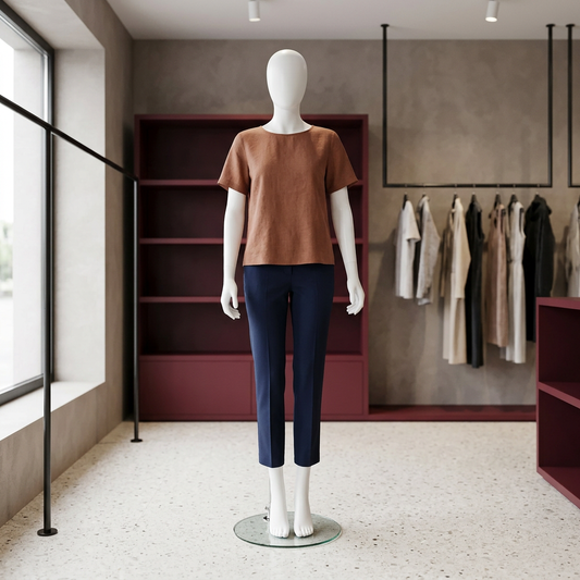 Spring 01 female matt-white mannequin in a grey-and-burgundy boutique