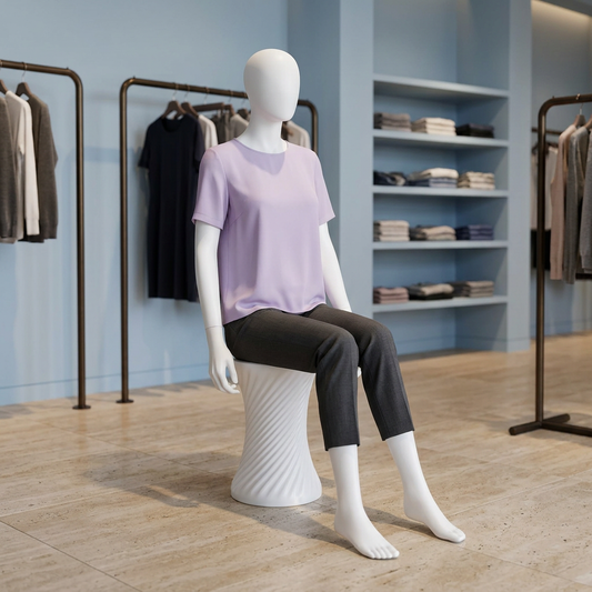 Spring female seated mannequin in a powder-blue womenswear department