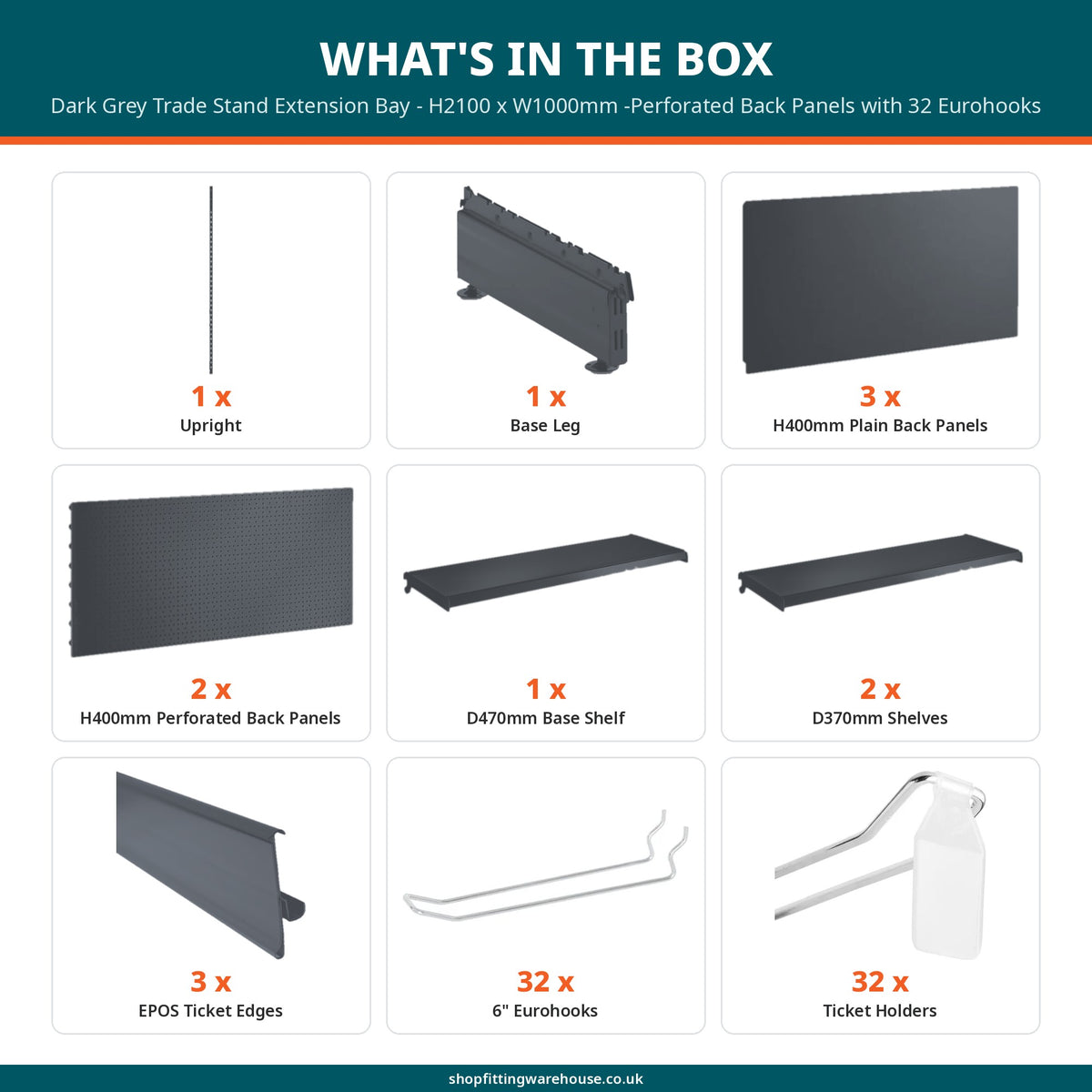 Dark Grey Trade Stand Extension Bay - H2100 x W1000mm -Perforated Back Panels with 32 Eurohooks