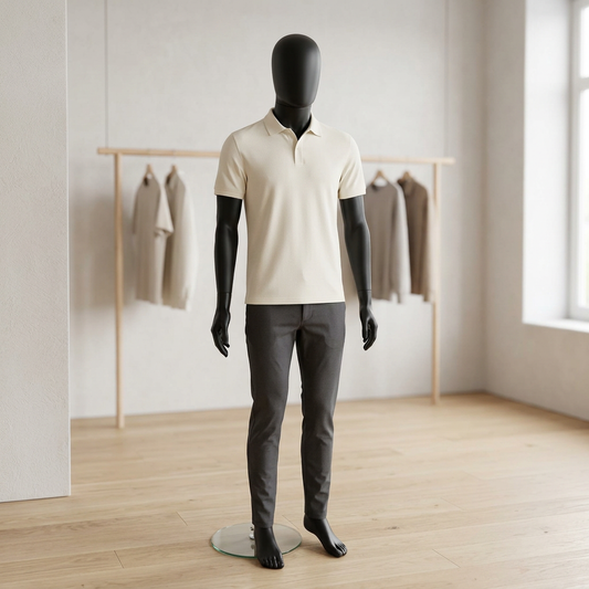 Trance 01 male matt-black mannequin in a menswear boutique