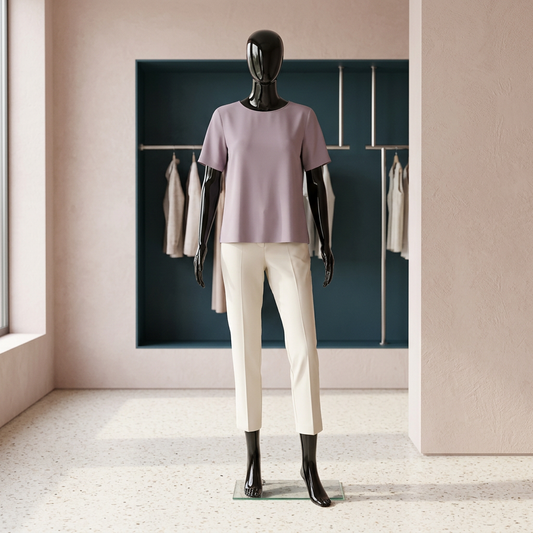 Vibe 02 female gloss-black mannequin in a blush-and-petrol-blue boutique