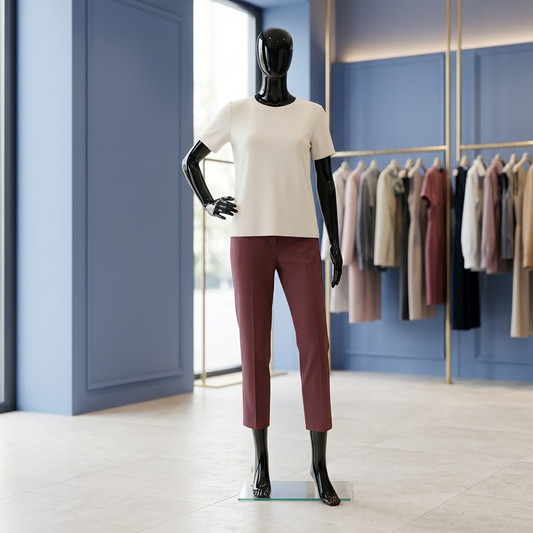 Vibe 06 female gloss-black mannequin in a cornflower-blue boutique