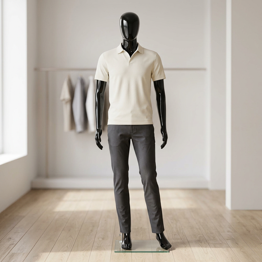 Vibe 08 male gloss-black mannequin in a menswear boutique