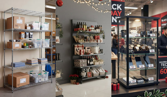 Chrome wire shelving in a stockroom, silver grey retail shelving in a grocery store and a black glass countertop cabinet in a tech store during Black Friday