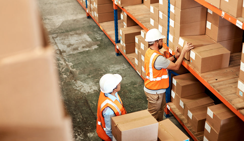 Two workers in a warehouse organising boxes on heavy-duty racking