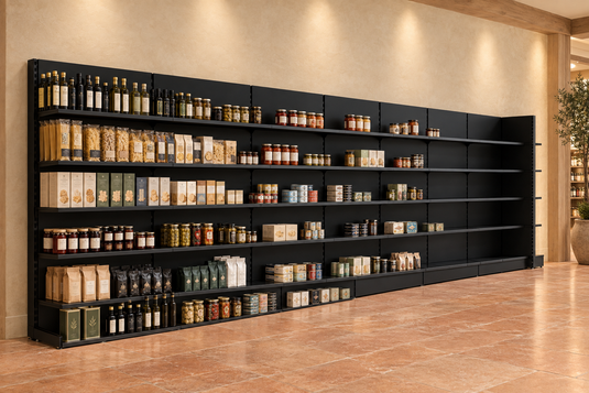 Black shelving in a premium deli with stock gradually tapering from left to right