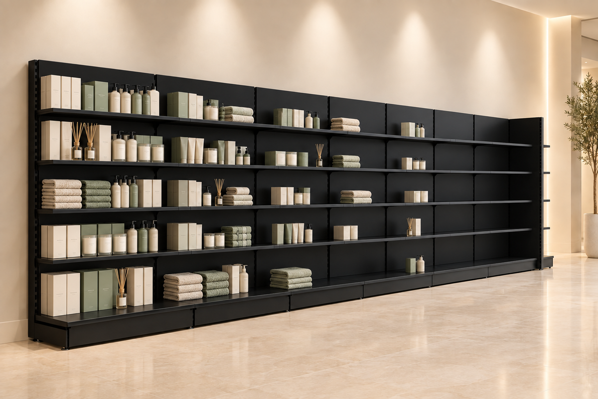 Black shelving with merchandise gradually tapering from fully stocked to empty