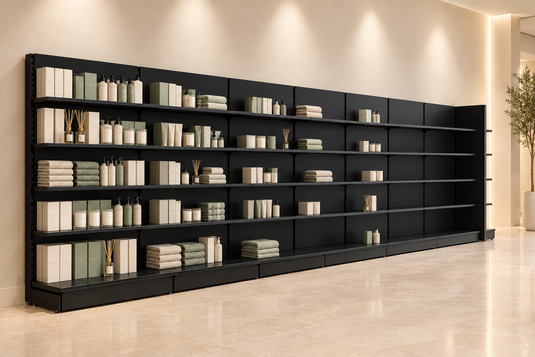Black shelving with merchandise gradually tapering from fully stocked to empty