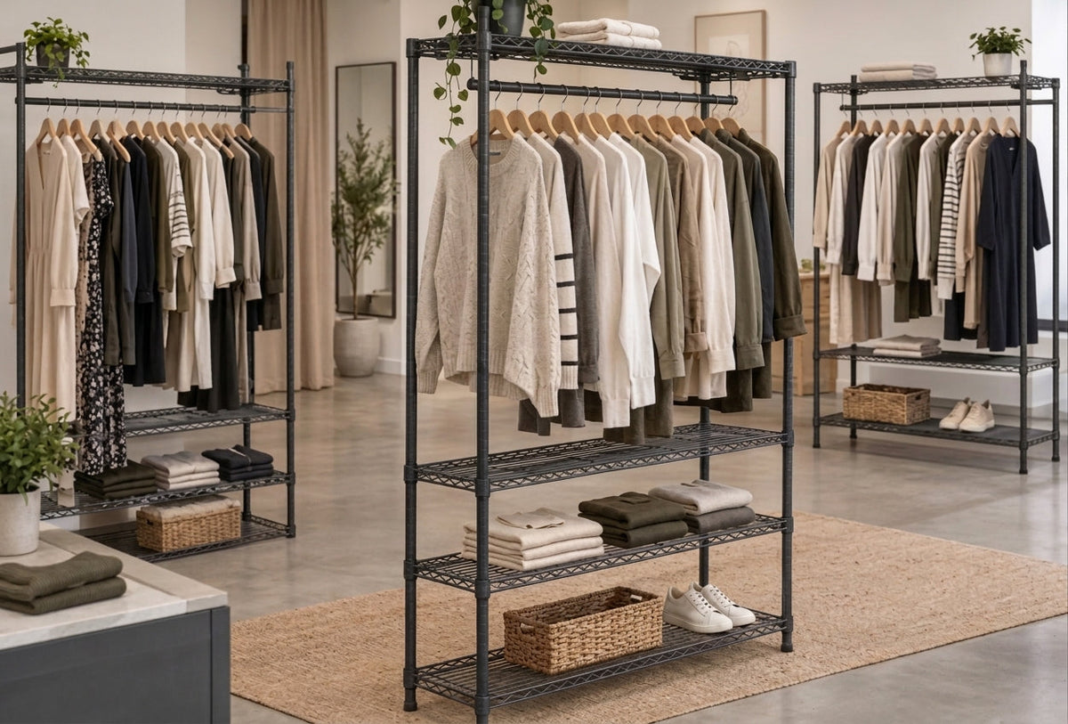 Three black metal clothing racks with three shelves, styled with neutral-colored clothing, folded garments, baskets, and shoes in a bright, modern boutique setting.