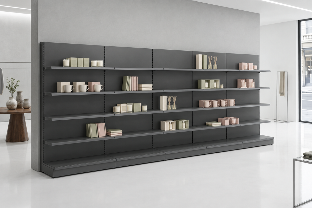 Dark grey shelving lightly merchandised with gifts in a bright modern shop