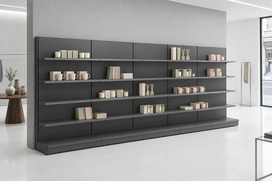 Dark grey shelving lightly merchandised with gifts in a bright modern shop