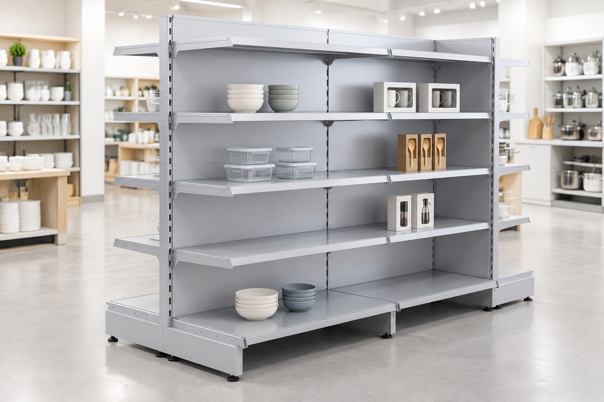 Silver gondola shelving lightly merchandised with kitchenware