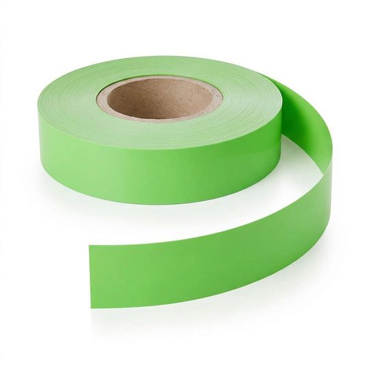 A roll of bright green tape with a brown cardboard core, shown on a clean white background with a strip unrolled.