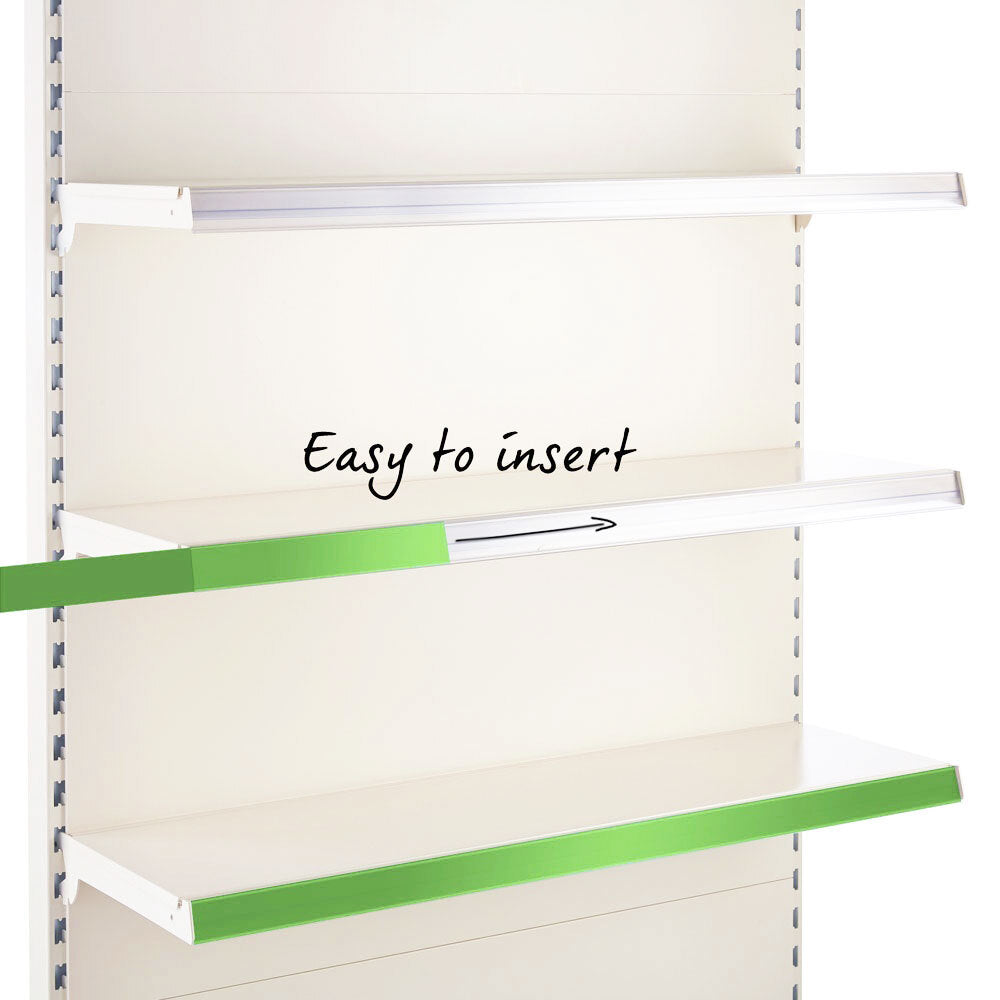 White adjustable shelving shelves with green side trim, shown on a white wall with an 'Easy to insert' text overlay and arrow.