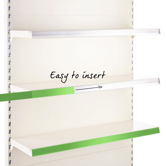 White adjustable shelving shelves with green side trim, shown on a white wall with an 'Easy to insert' text overlay and arrow.