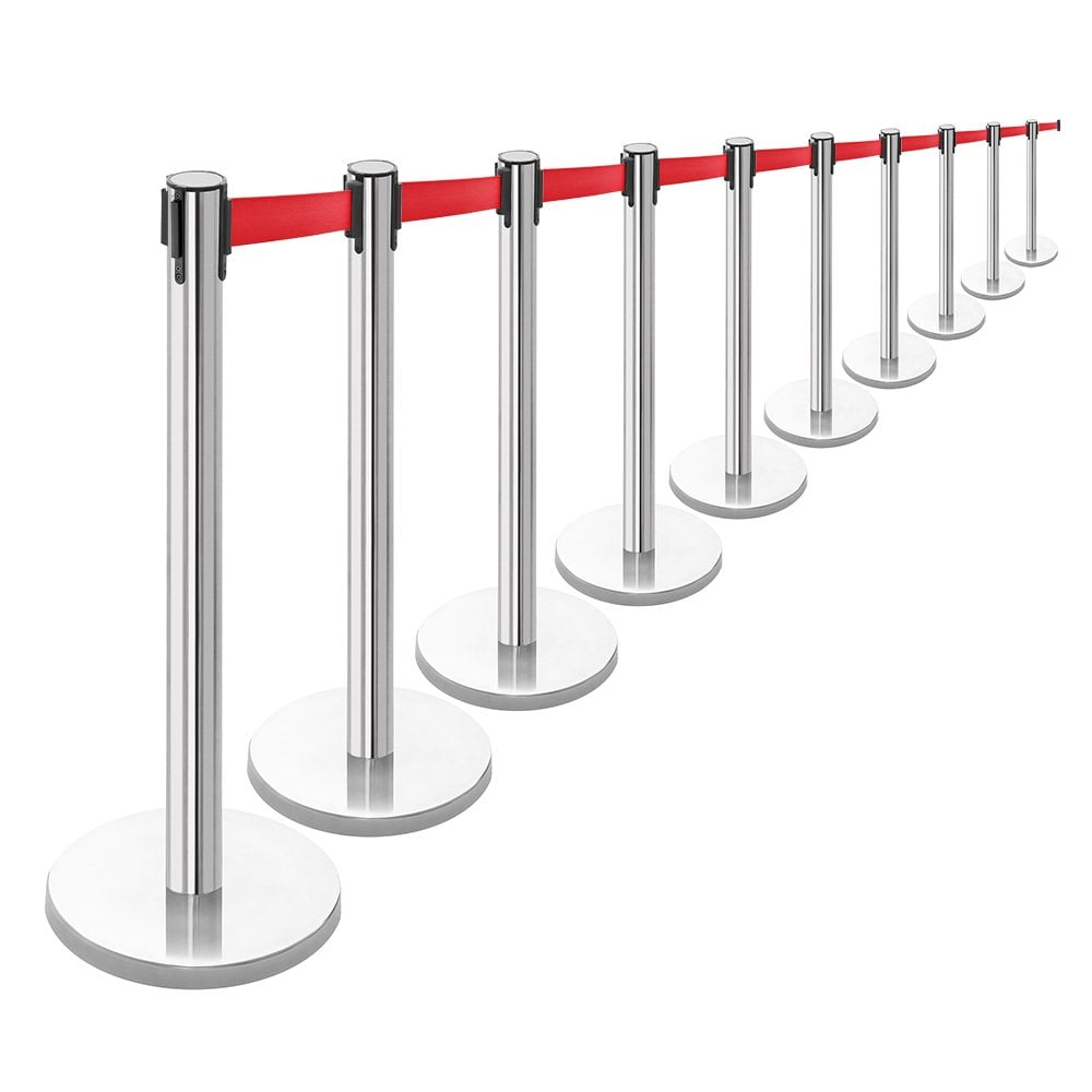 10 x Retractable Belt Barrier Posts - Polished Stainless Steel Posts with Webbed Belts