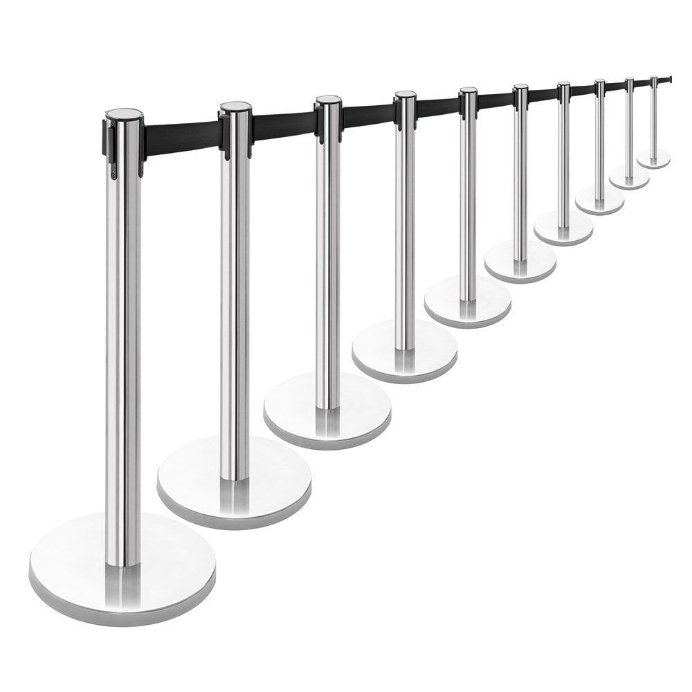 10 x Retractable Belt Barrier Posts - Polished Stainless Steel Posts with Webbed Belts