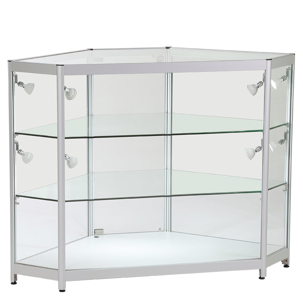 Skyline Corner Showcase All - Glass Display with 2 Glass Shelves