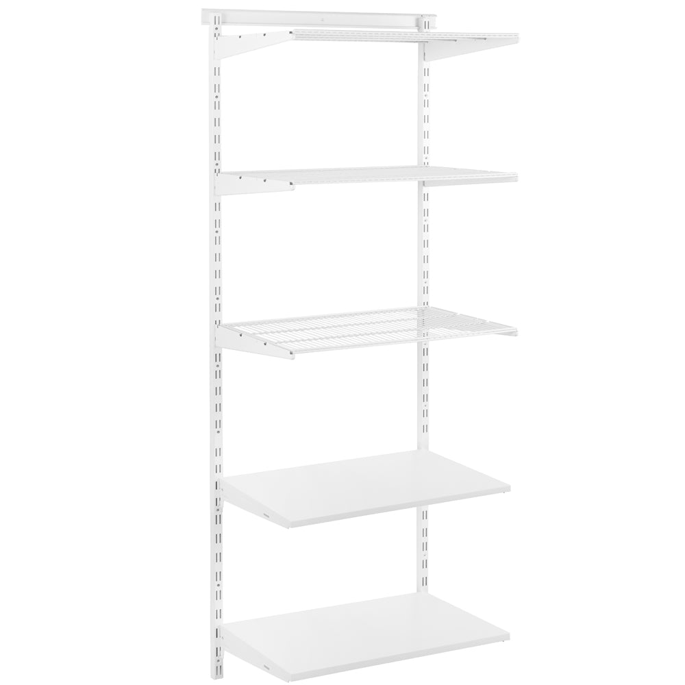 Flexx White Shelf System - H2100mm - 2x Wooden & 3x Wire Shelves