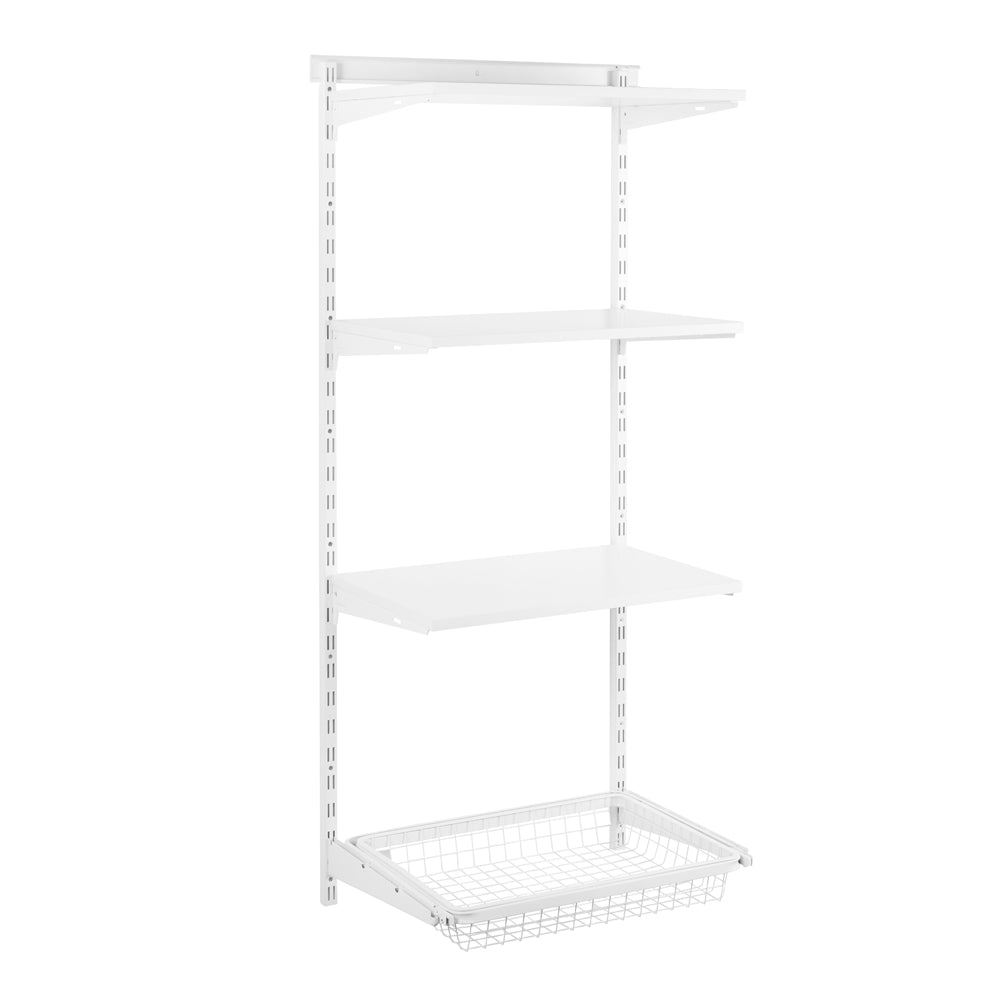 Flexx White Wooden 3 Shelf System with Wire Basket- H1500mm
