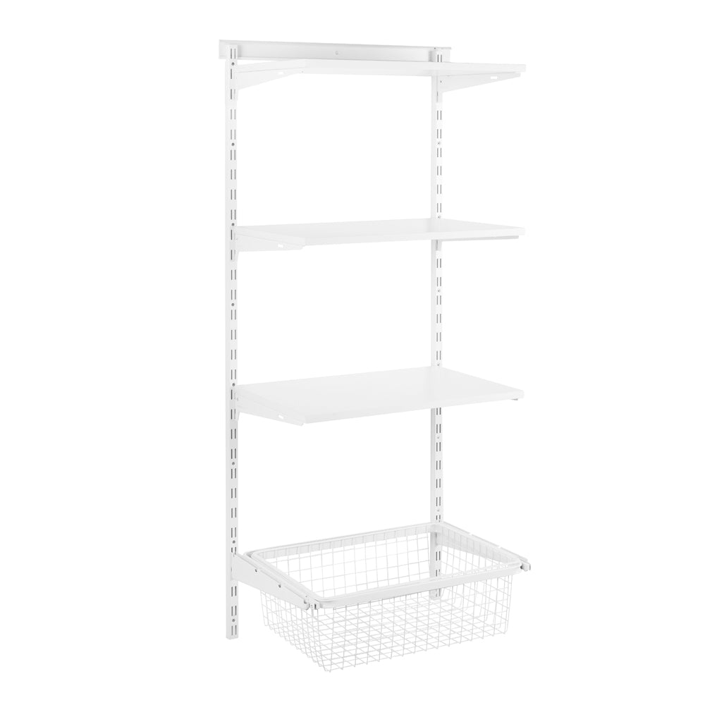 Flexx White Wooden 3 Shelf System with Wire Basket- H1500mm