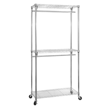 Chrome Wire Clothes Rack with Wheels - 2 x Rail & 3 x Shelves - H2100 x D450mm