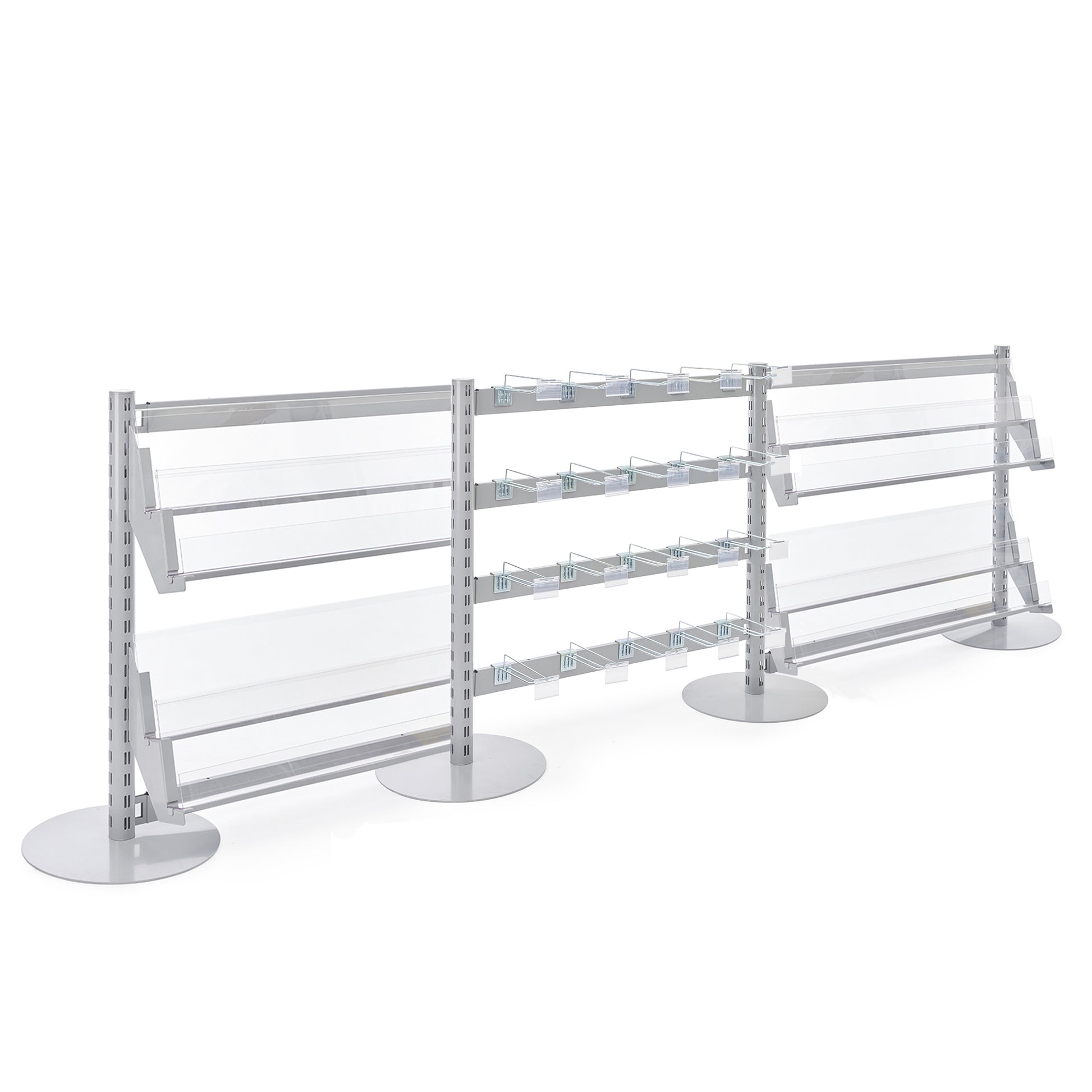 3 x Single Sided In-Queue Merchandising Bays with Magazine Shelves and Hooks