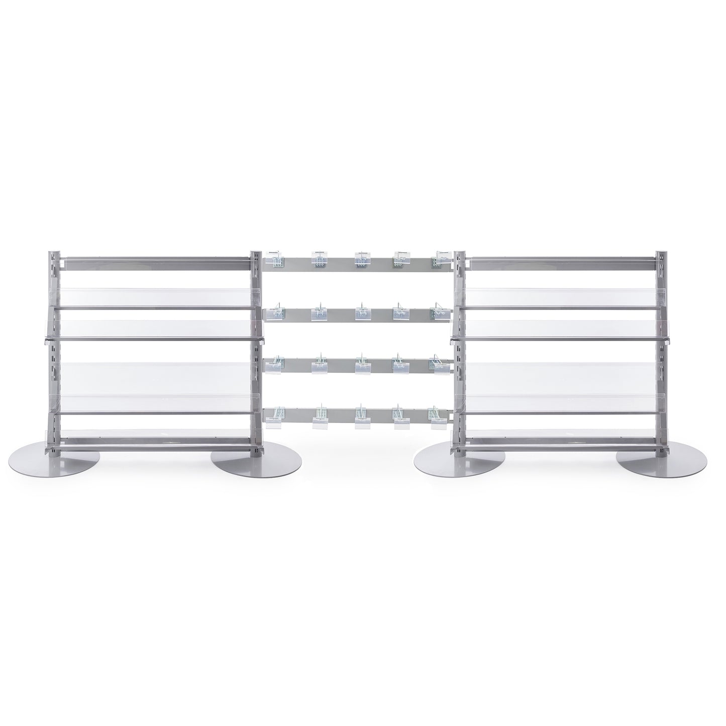 3 x Single Sided In-Queue Merchandising Bays with Magazine Shelves and Hooks