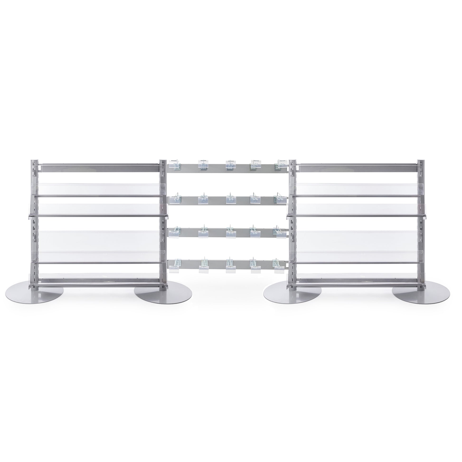 3 x Single Sided In-Queue Merchandising Bays with Magazine Shelves and Hooks