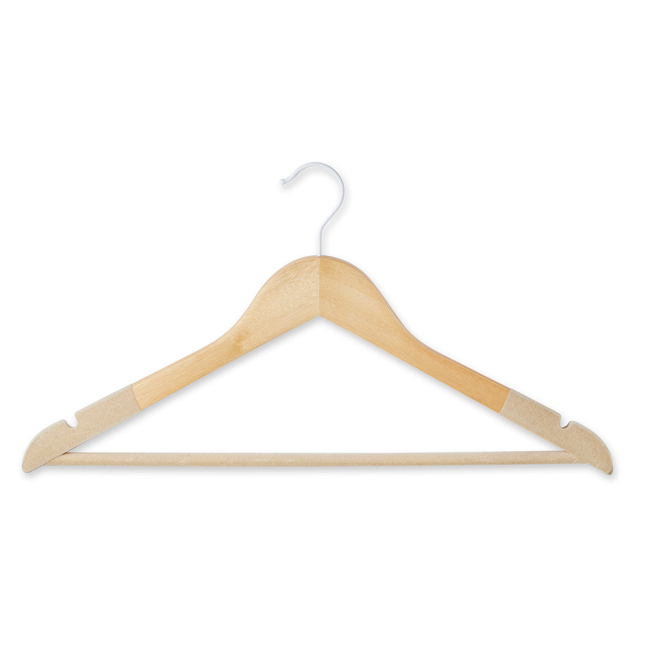 Natural Wooden Suit Hangers with Beige Velvet Flocking - Trouser Bar and Shoulder Notches