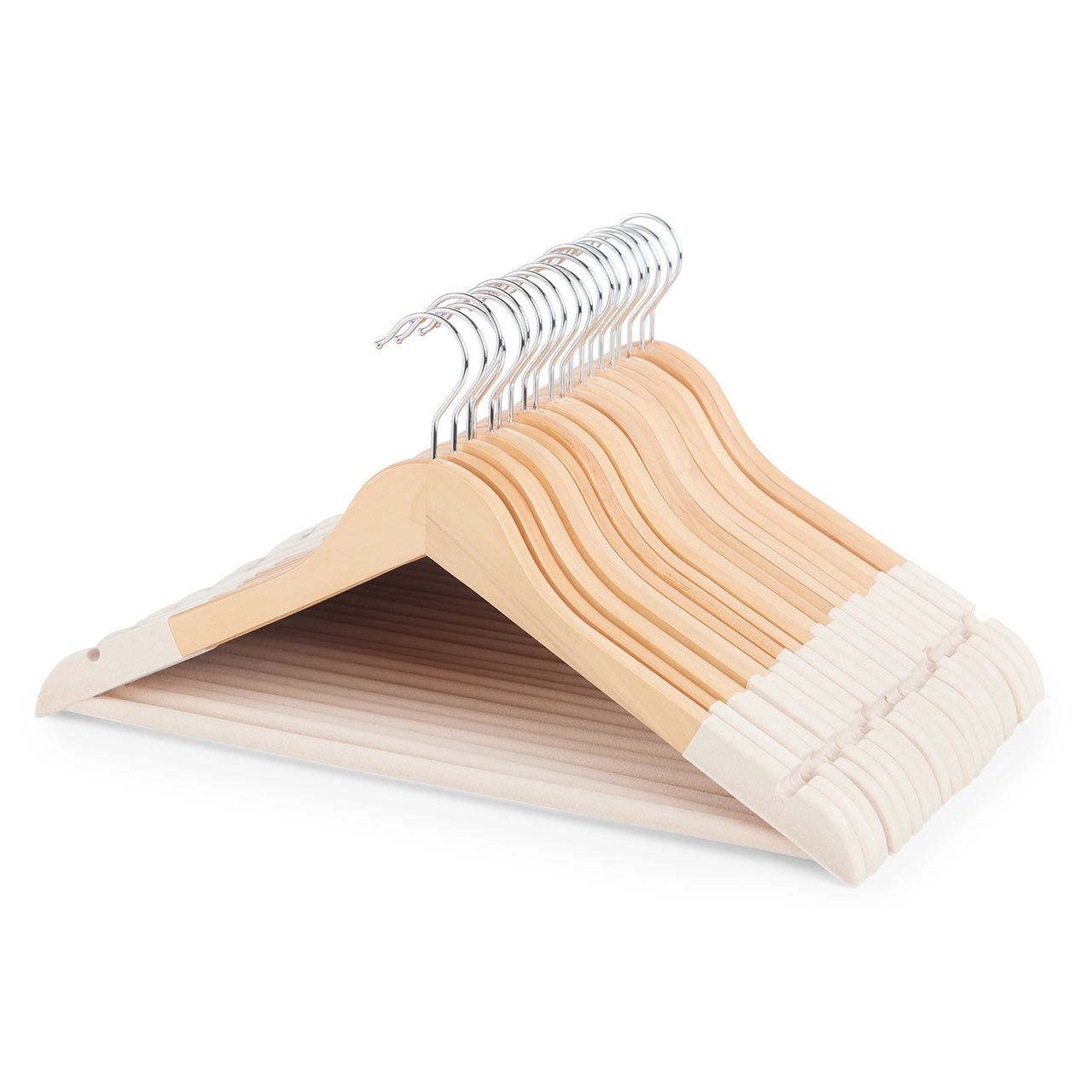 Natural Wooden Suit Hangers with Beige Velvet Flocking - Trouser Bar and Shoulder Notches