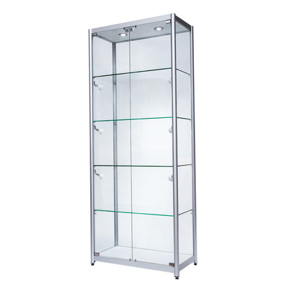 Skyline Aluminium Tower Showcase All - Glass Display with 4 Glass Shelves - Double Door