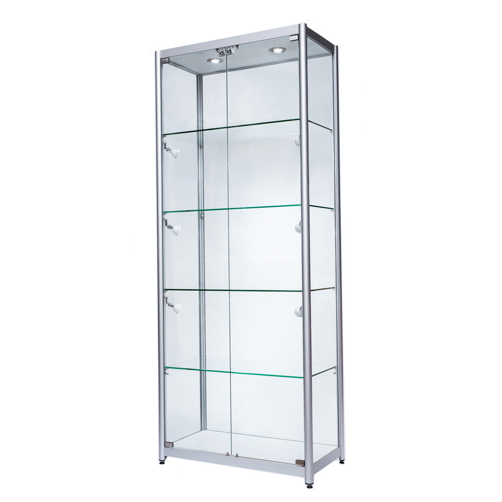 Skyline Aluminium Tower Showcase All - Glass Display with 4 Glass Shelves - Double Door