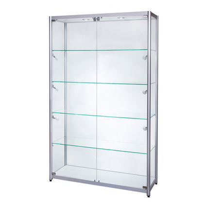 Skyline Aluminium Tower Showcase All - Glass Display with 4 Glass Shelves - Double Door