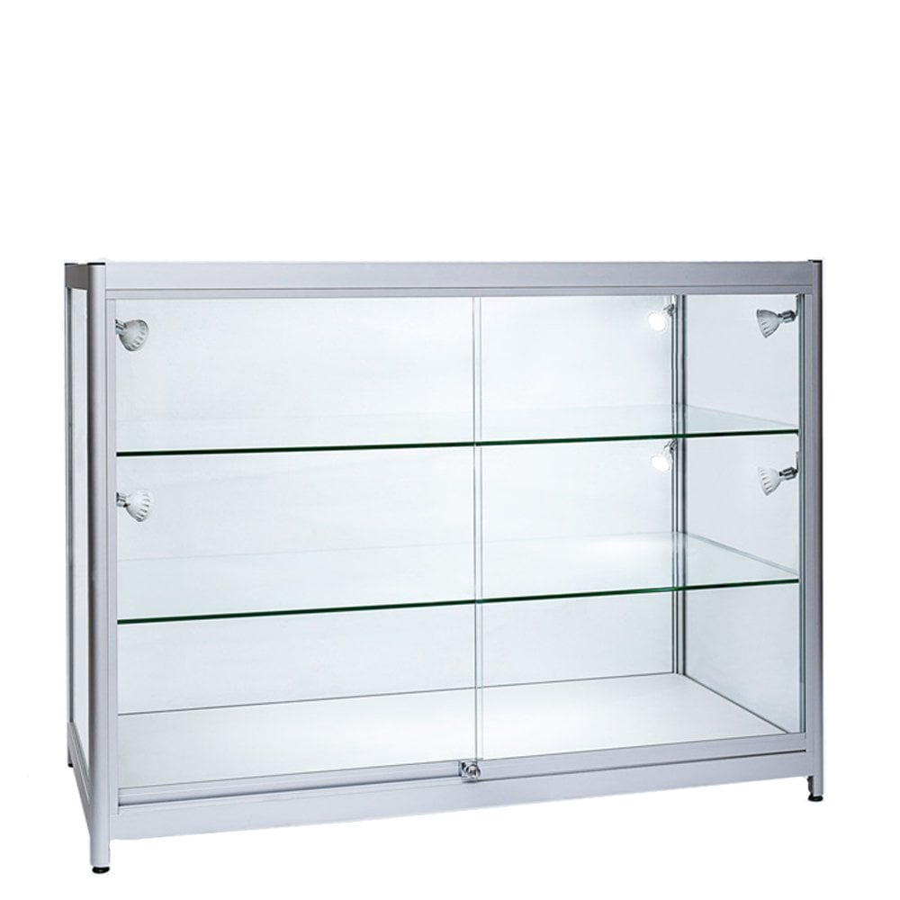 Skyline Slim Aluminium Showcase All - Glass Display with 2 Glass Shelves
