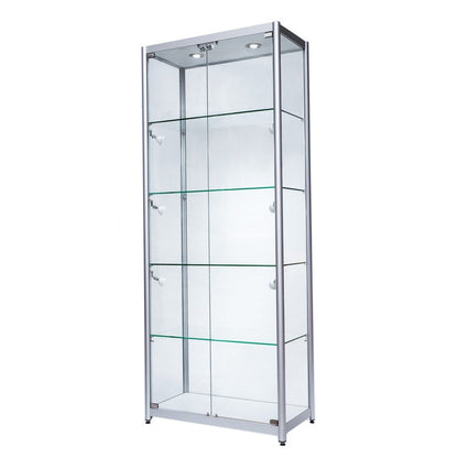 Skyline Aluminium Tower Showcase All - Glass Display with 4 Glass Shelves - Double Door