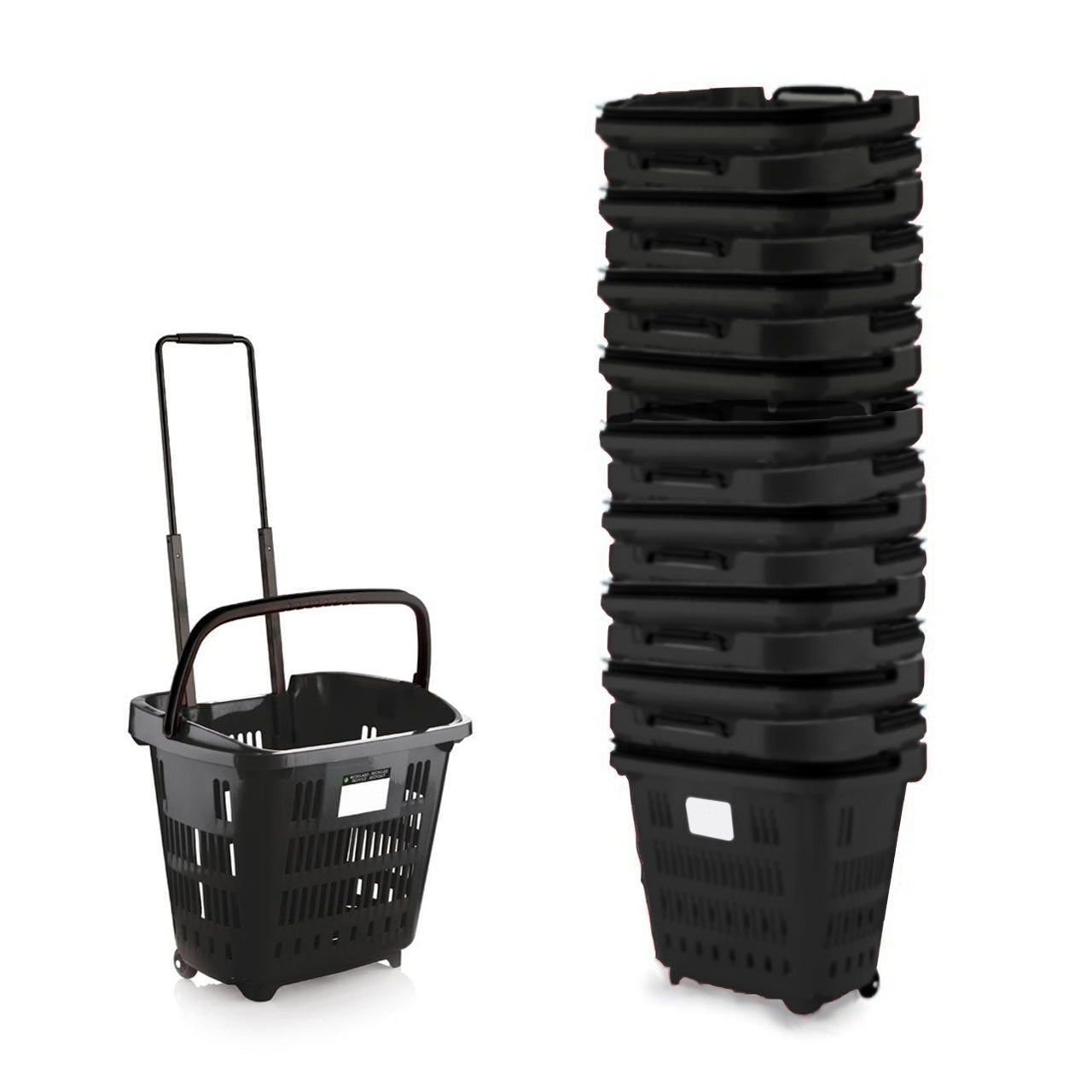Black Plastic Shopping Basket With Wheels And Telescopic Handle - 34L