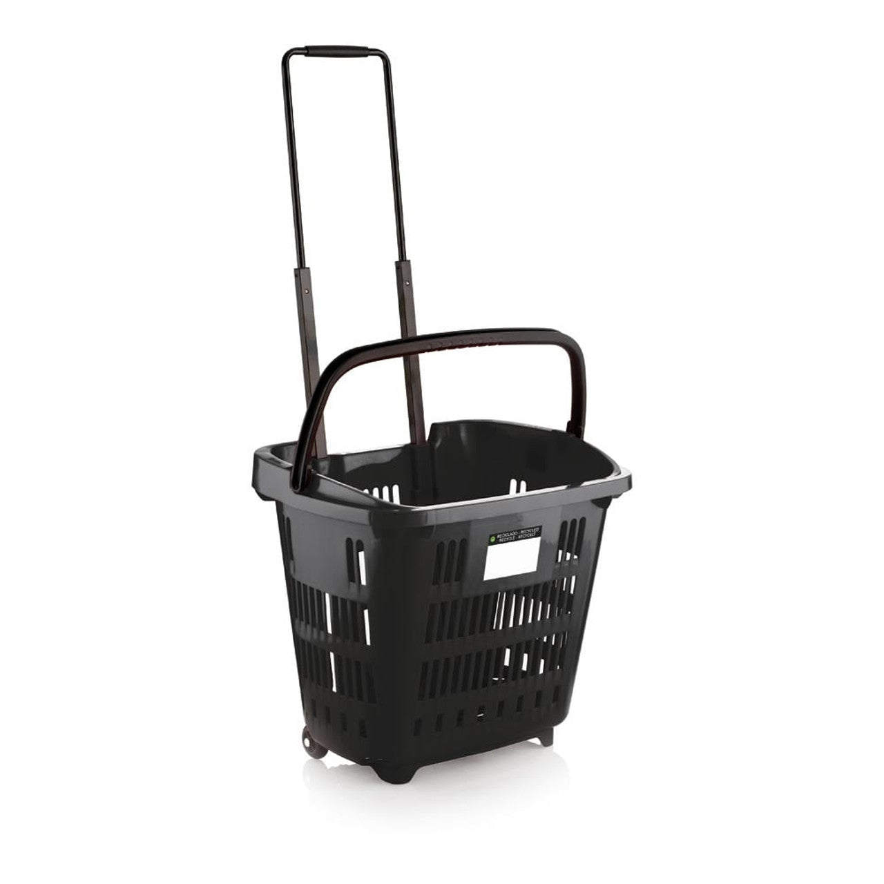 Black Plastic Shopping Basket With Wheels And Telescopic Handle - 34L