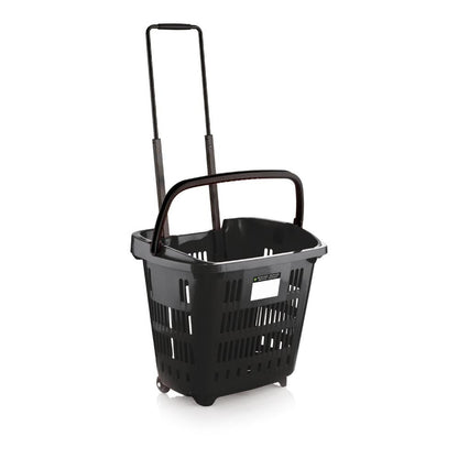 Black Plastic Shopping Basket With Wheels And Telescopic Handle - 34L