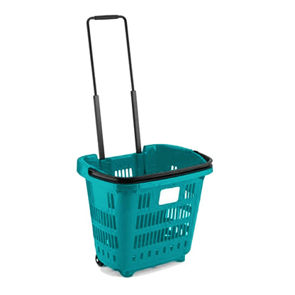 Turquoise Plastic Shopping Basket With Wheels And Telescopic Handle - 34L