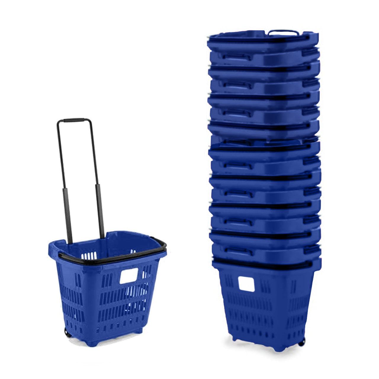 Blue Plastic Shopping Basket With Wheels And Telescopic Handle - 34L