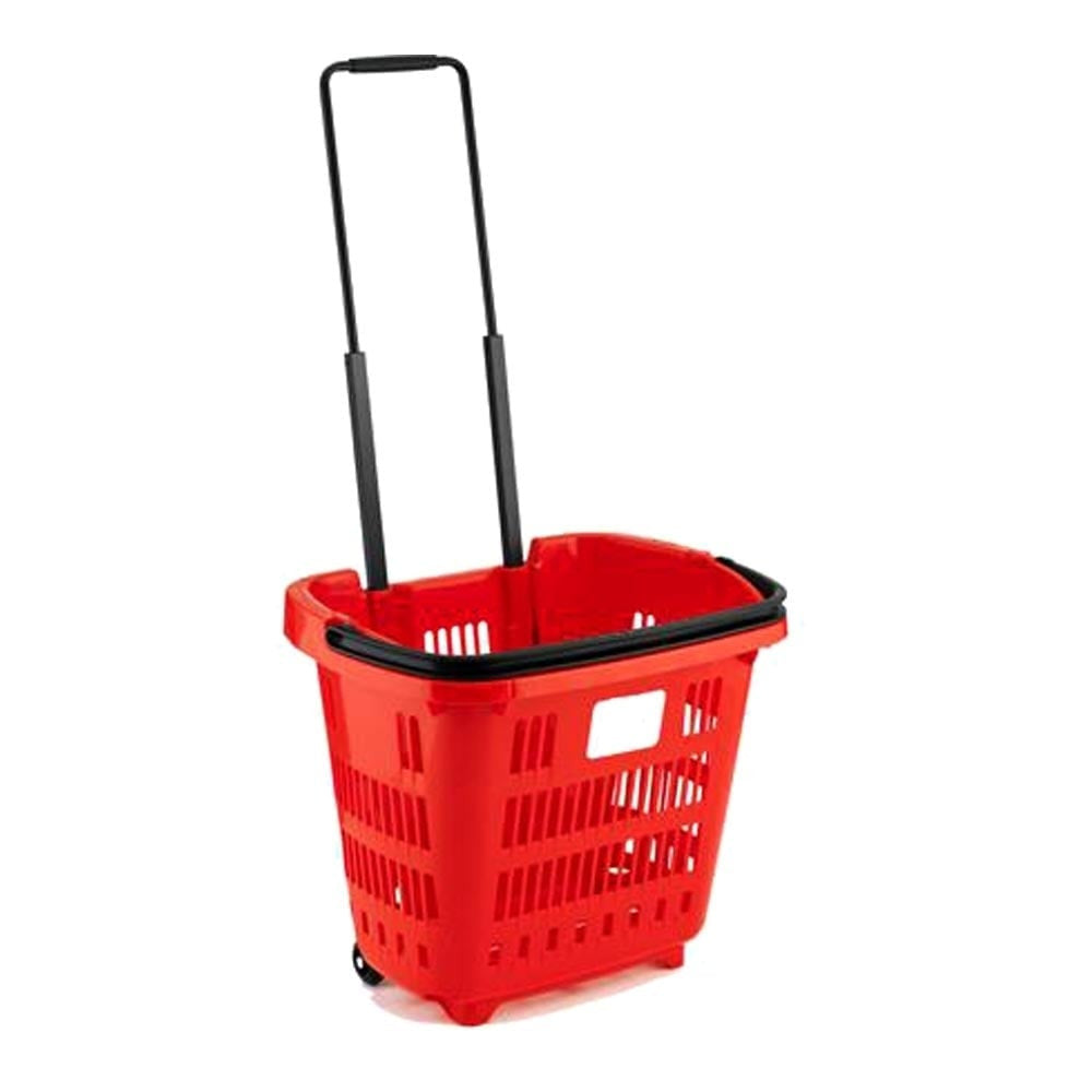 Red Plastic Shopping Basket With Wheels And Telescopic Handle - 34L