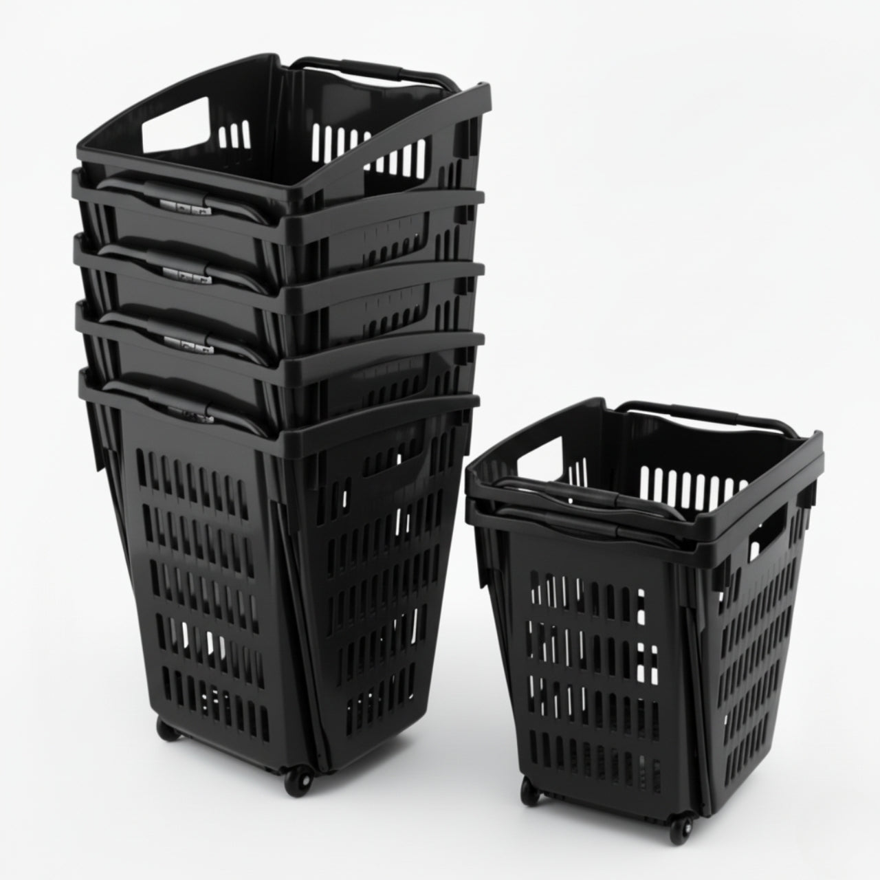 Black Plastic Shopping Basket With Wheels And Telescopic Handle - 52L