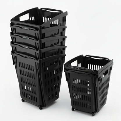 Black Plastic Shopping Basket With Wheels And Telescopic Handle - 52L