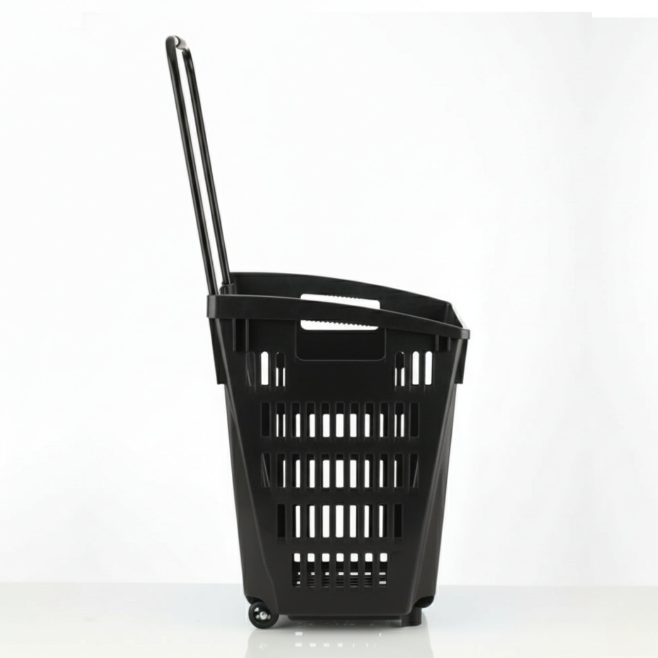 Black Plastic Shopping Basket With Wheels And Telescopic Handle - 52L
