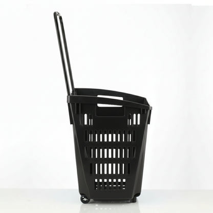 Black Plastic Shopping Basket With Wheels And Telescopic Handle - 52L