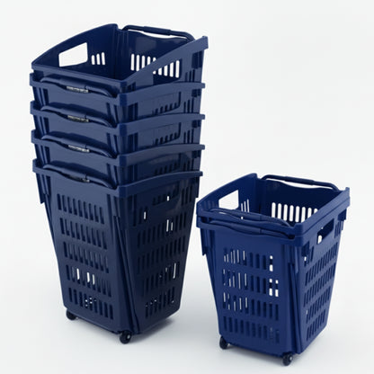 Blue Plastic Shopping Basket With Wheels And Telescopic Handle - 52L