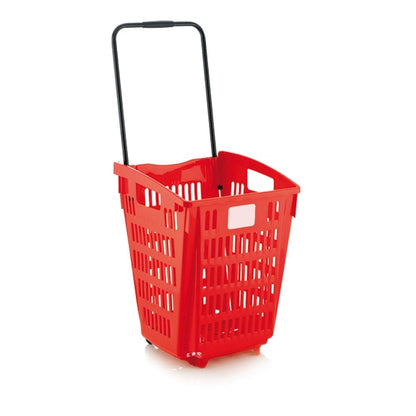 Red Plastic Shopping Basket With Wheels And Telescopic Handle - 52L