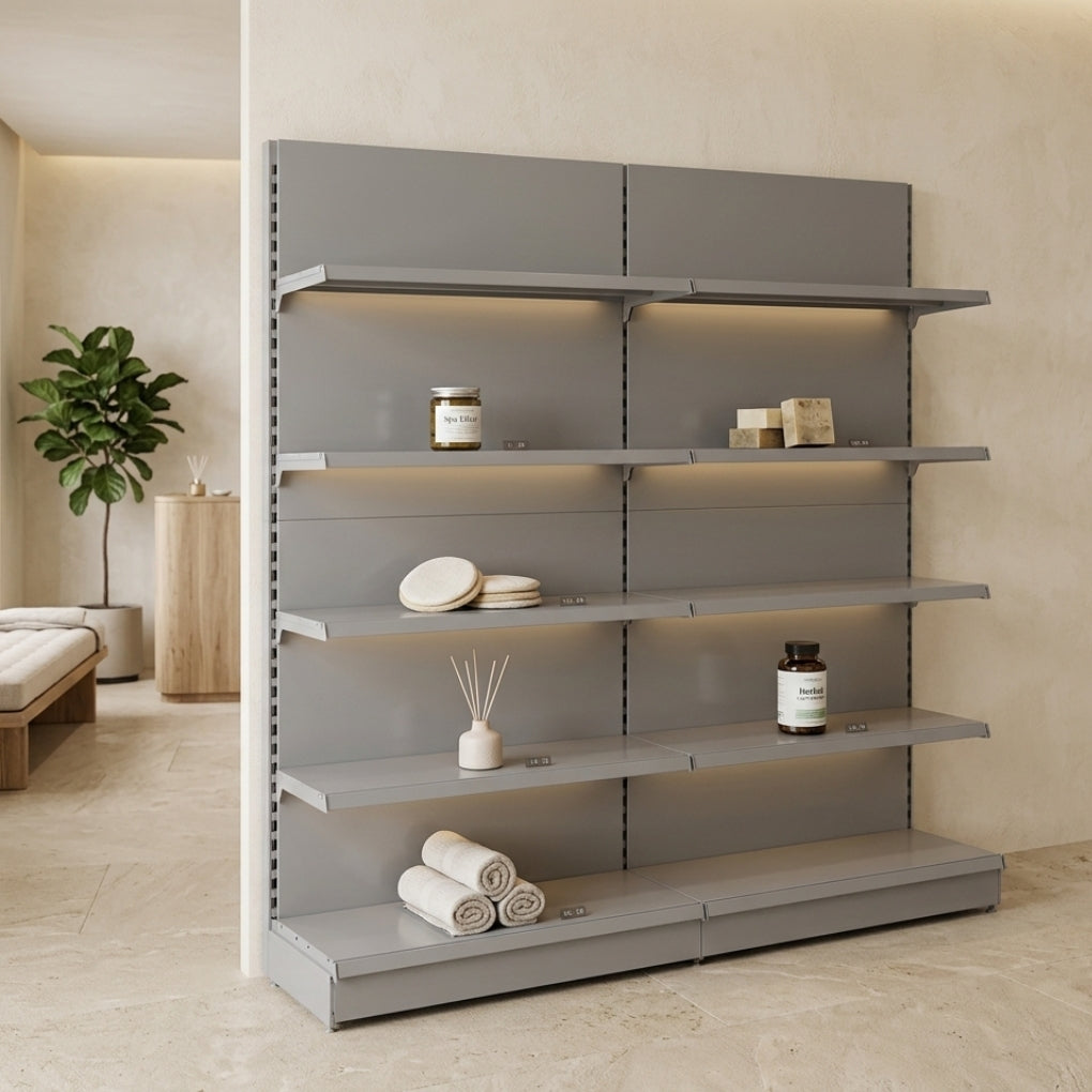 Silver Retail Wall Shelving - 2 Bays With 470mm Base Shelf