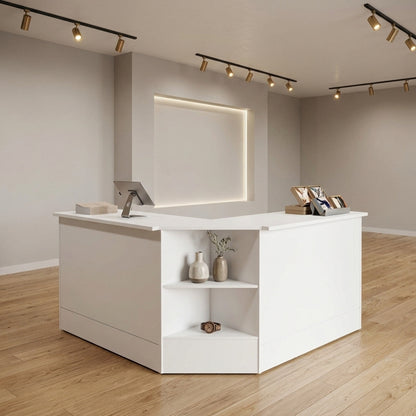 2 x White Shop Counters and 1 x Corner Display Unit with Wooden Shelves Bundle